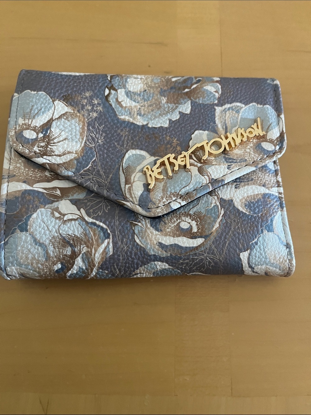 Betsey Johnson Blue and White Floral Fold-Over Wallet with Gold Logo